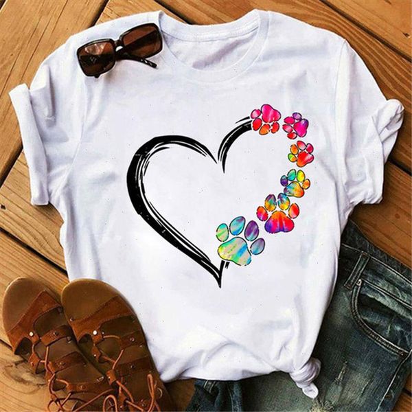 harajuku lovely heart t shirt women casual cartoon paw printed shirts woman clothes plus size oversized t shirts, White